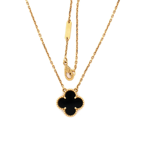 Vintage Alhambra Pendant Necklace 18K Yellow Gold and Onyx