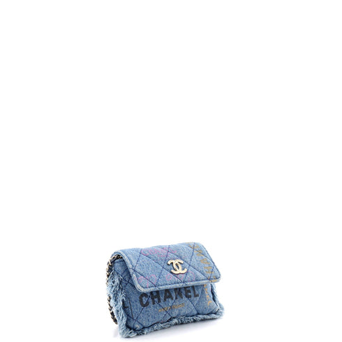Denim Mood Flap Clutch with Chain Logo Printed Quilted Fringe Denim