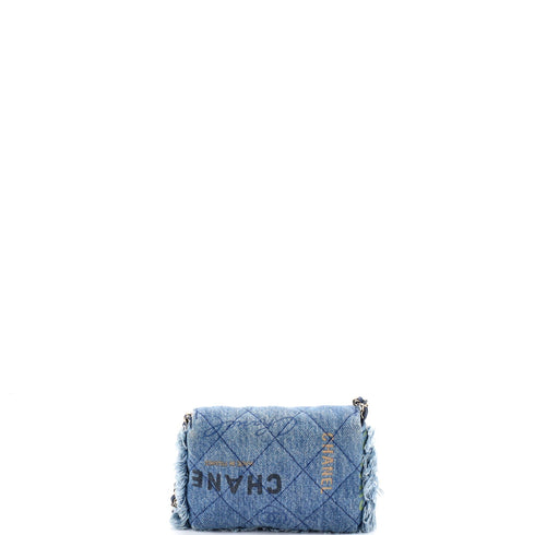 Denim Mood Flap Clutch with Chain Logo Printed Quilted Fringe Denim