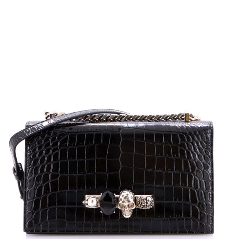 Jewelled Flap Satchel Crocodile Embossed Leather Medium