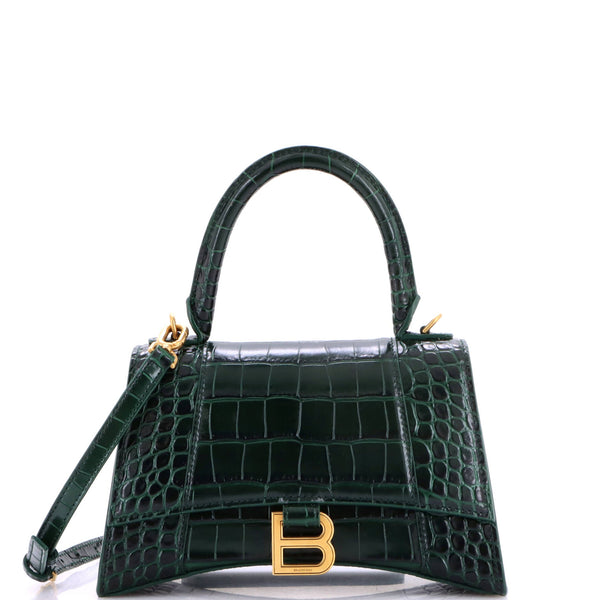 Hourglass Top Handle Bag Crocodile Embossed Leather Small