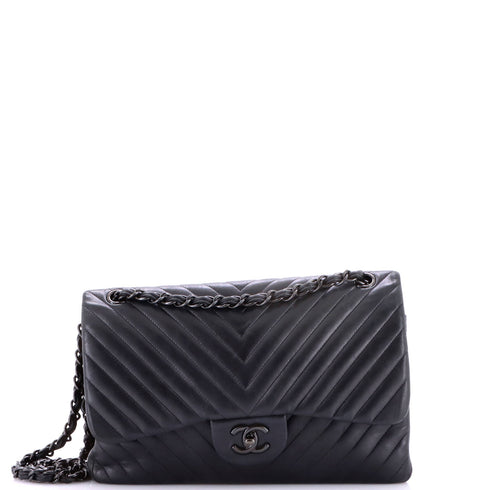 So Black Classic Double Flap Bag Chevron Lambskin Jumbo