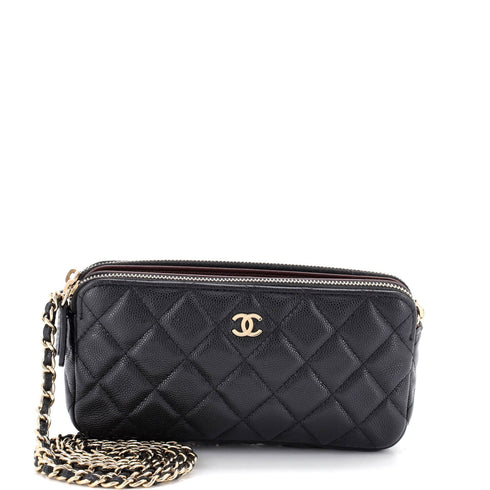 Double Zip Clutch with Chain Quilted Caviar