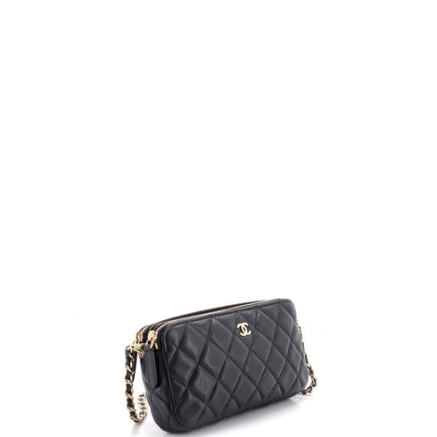 Double Zip Clutch with Chain Quilted Caviar