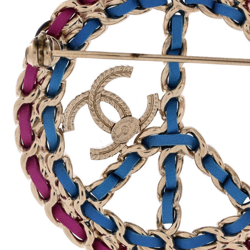 Chain Peace Sign CC Brooch Metal with Leather