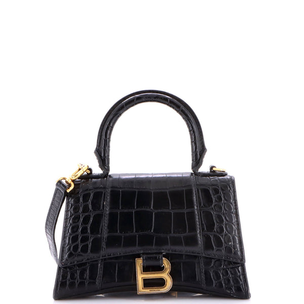 Hourglass Top Handle Bag Crocodile Embossed Leather XS