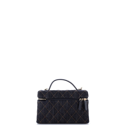 Classic Top Handle Slim Vanity Case with Chain Quilted Denim Small