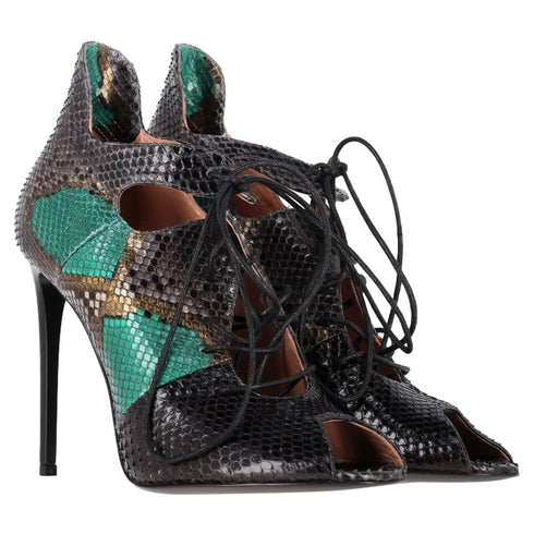 Women's Roland Mouret Snake Print Lace Up Sandals in Green Leather