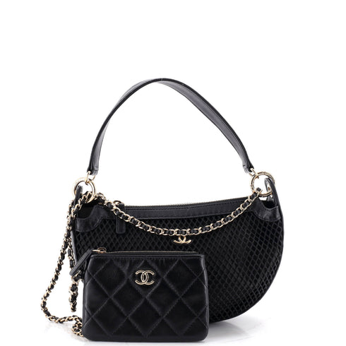 Half Moon Clutch with Chain Mesh with Quilted Lambskin