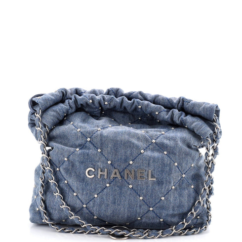 22 Chain Hobo Quilted Studded Denim Small