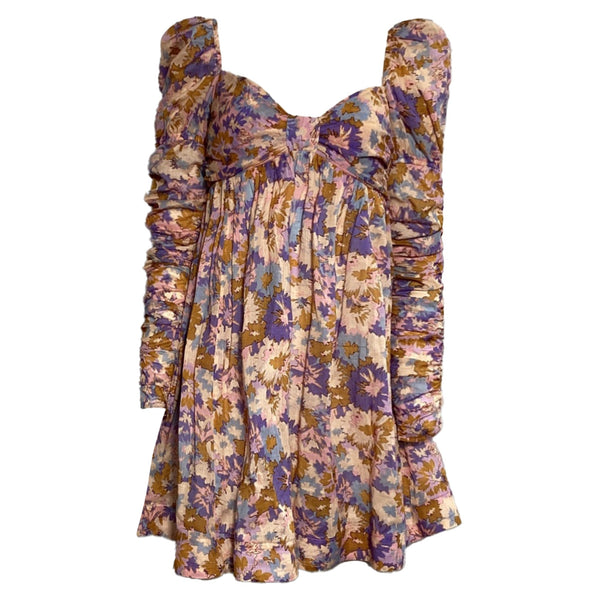 Women's Zimmermann Floral Print Ruched Mini Dress in Multicolor Cotton
