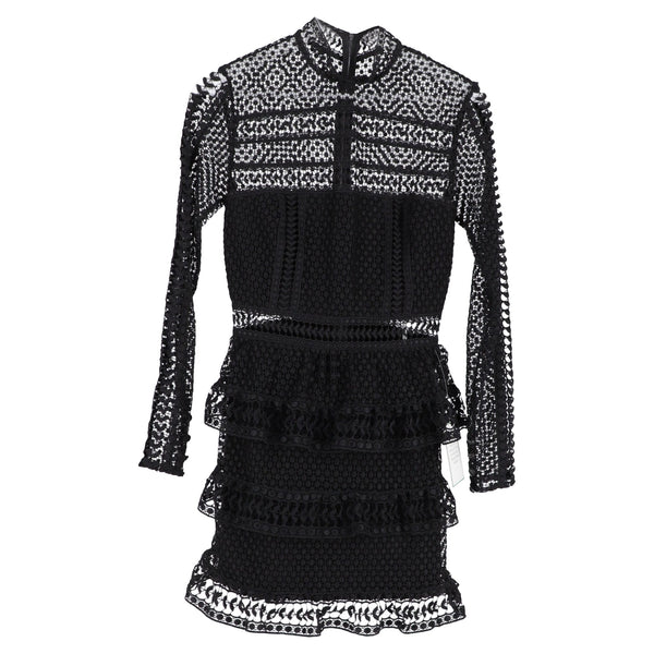 Women's Self-Portrait Lace Tiered Mini Dress in Black Polyester