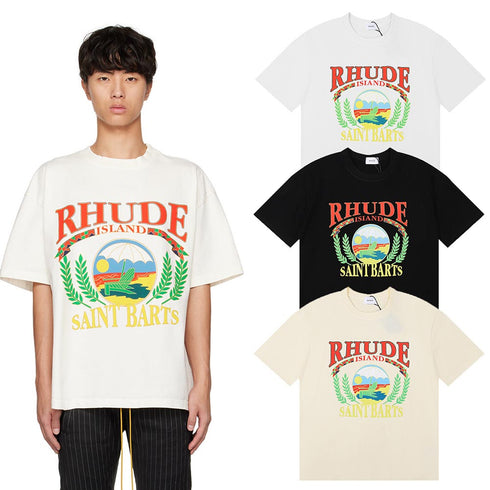 Rhude T-shirts Sunset Beach Pattern Printed Cotton Casual Short Sleeves Men and Women