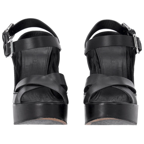 Women's Jil Sander Ankle Strap Platform Sandals in Black Leather