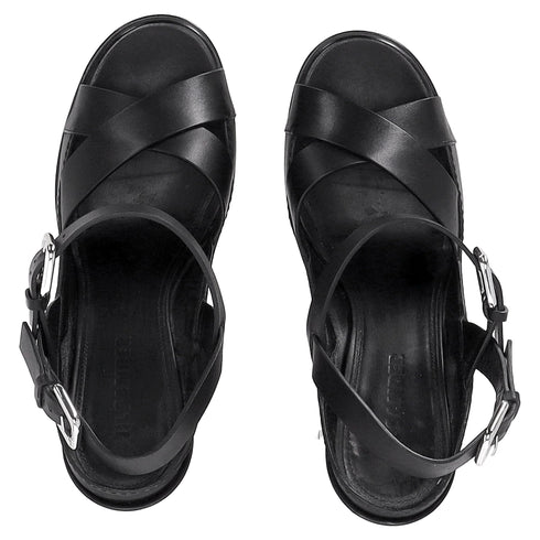 Women's Jil Sander Ankle Strap Platform Sandals in Black Leather