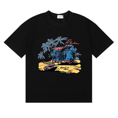 Rhude T-shirts Beach Coconut House Printed Cotton Casual Crew Neck Short Sleeve Men and Women