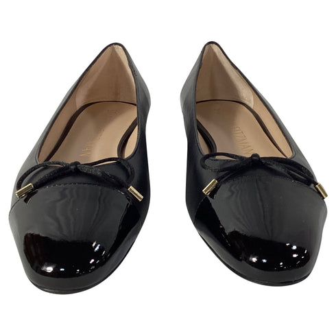 Women's Stuart Weitzman Sleek Cap Toe Bow Flats in Black Leather