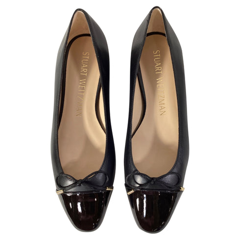 Women's Stuart Weitzman Sleek Cap Toe Bow Flats in Black Leather