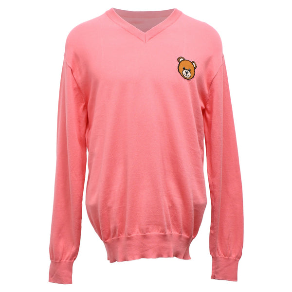 Men's Moschino Couture Bear V-Neck Sweater in Pink Cotton