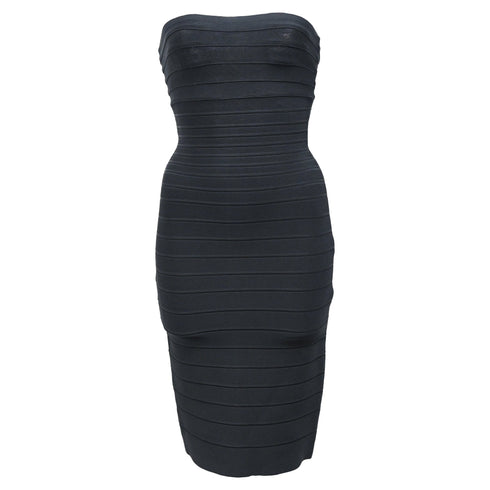 Women's Herve Leger Strapless Banded Pencil Mini Dress in Black Rayon