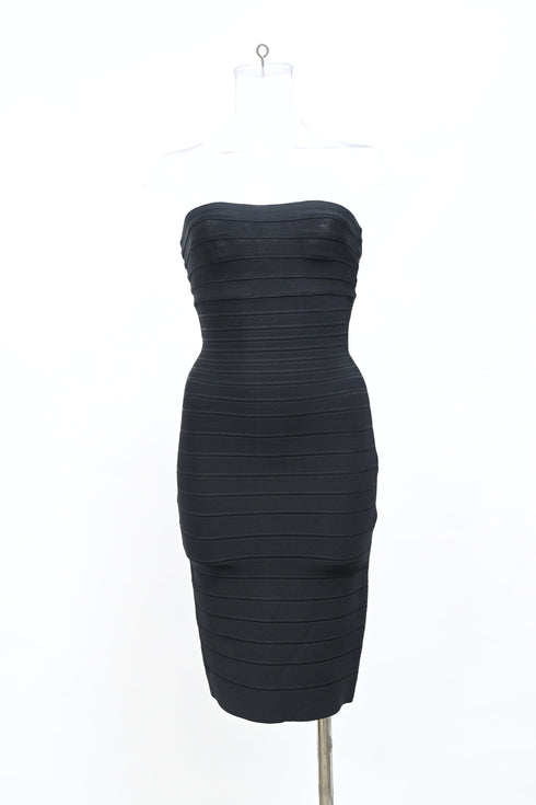Women's Herve Leger Strapless Banded Pencil Mini Dress in Black Rayon