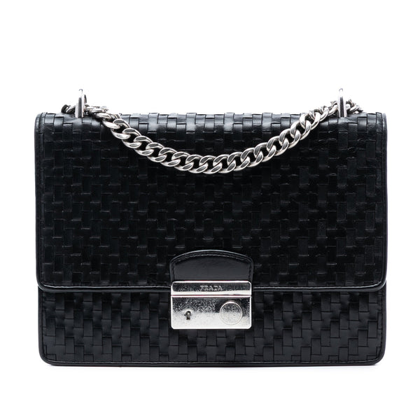 Push Lock Flap Chain Bag Madras Woven Leather Small