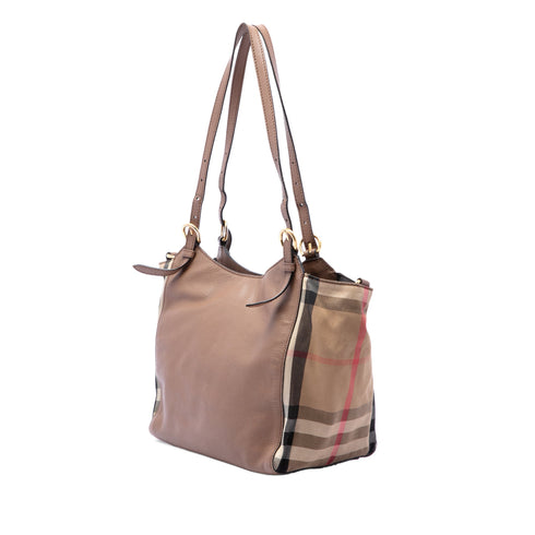 Canterbury Tote Leather and House Check Canvas Small