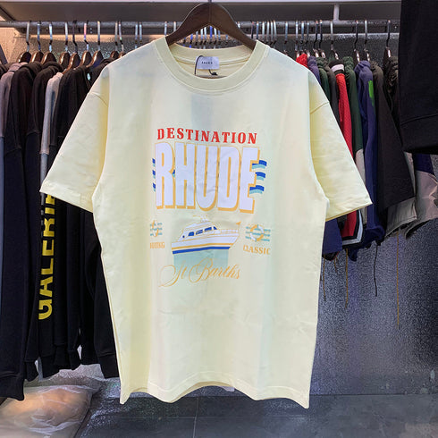 Rhude T-shirts Yacht Printing Cotton Loose Short Sleeves Men and Women