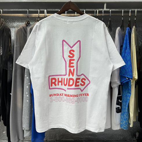 Rhude T-shirts Sunday Morning Fever Pink Arrow Print Men's and Women's Crew Neck Short Sleeves