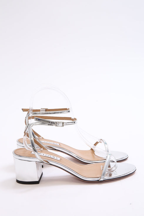 Women's Aquazzura Olie 50 Metallic Sandals in Silver Patent Leather