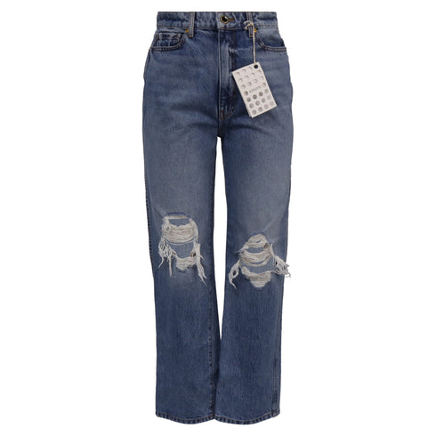 Women's Khaite Ripped High-Rise Straight-Leg Jeans in Blue Cotton Denim