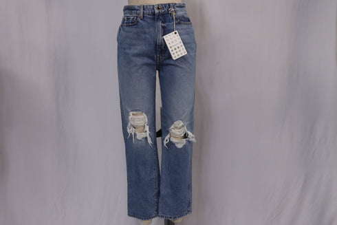 Women's Khaite Ripped High-Rise Straight-Leg Jeans in Blue Cotton Denim
