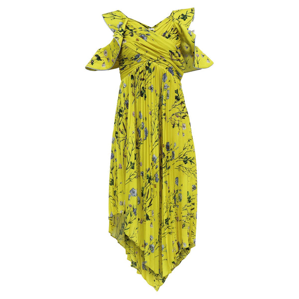 Women's Self-Portrait Pleated Floral-Print Midi Dress in Yellow Polyester