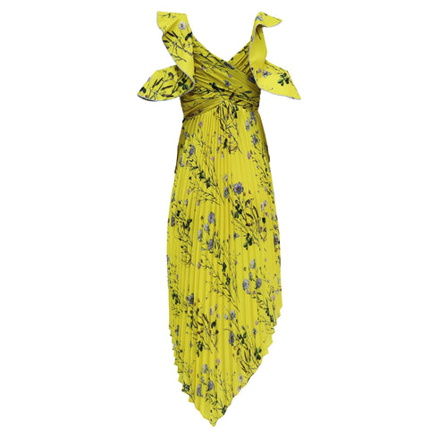 Women's Self-Portrait Pleated Floral-Print Midi Dress in Yellow Polyester