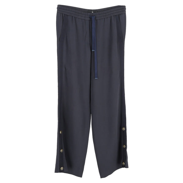 Women's Etro Artemis Drawstring Button Detail Trousers in Navy Blue Viscose