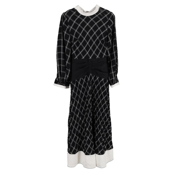 Women's Self-Portrait Check Panel Midi Dress in Black Polyester