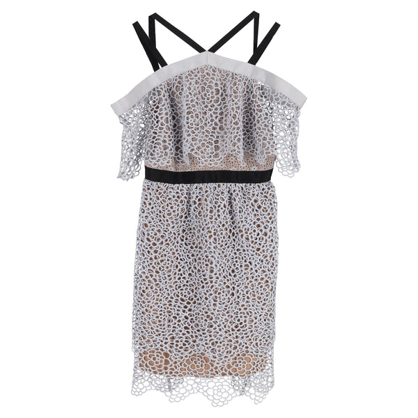 Women's Self-Portrait Floral Lace Off-Shoulder Mini Dress in Grey Polyester