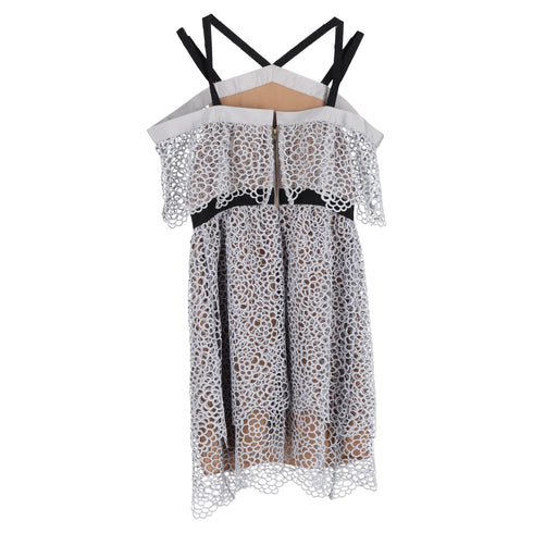 Women's Self-Portrait Floral Lace Off-Shoulder Mini Dress in Grey Polyester