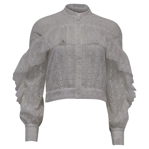 Women's Self-Portrait Floral Eyelet Lace Blouse in White Polyester