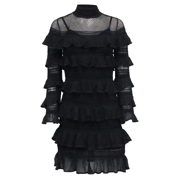 Women's Zimmerman Crush High Neck Frilled Mini Dress in Black Polyester
