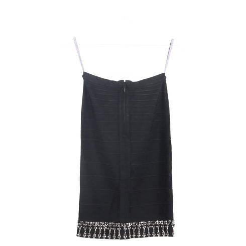 Women's Herve Leger Embellished Hem Knee-Length Skirt in Black Rayon