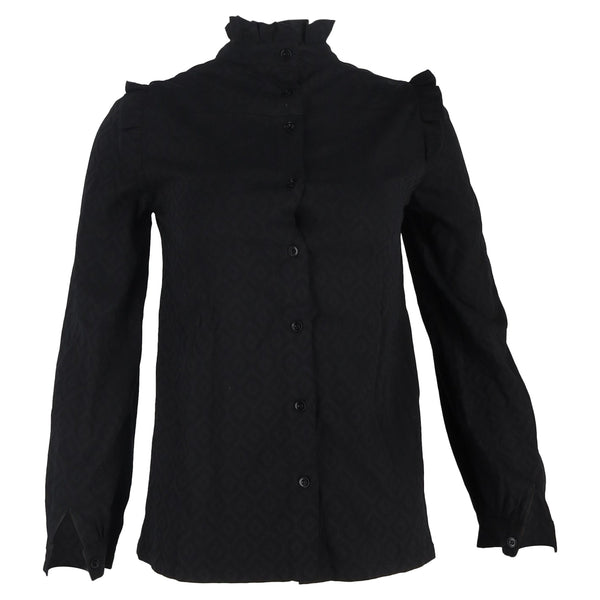 Women's A.P.C. Ruffle-Trimmed Long Sleeve Blouse in Black Cotton