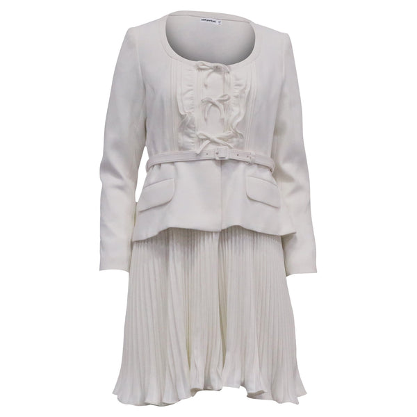 Women's Self-Portrait Pleated Crepe Belted Peplum Midi Dress in White Polyester