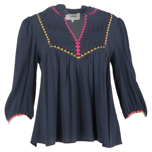 Women's Ba&sh Tracy Embroidered Top in Navy Blue Lyocell