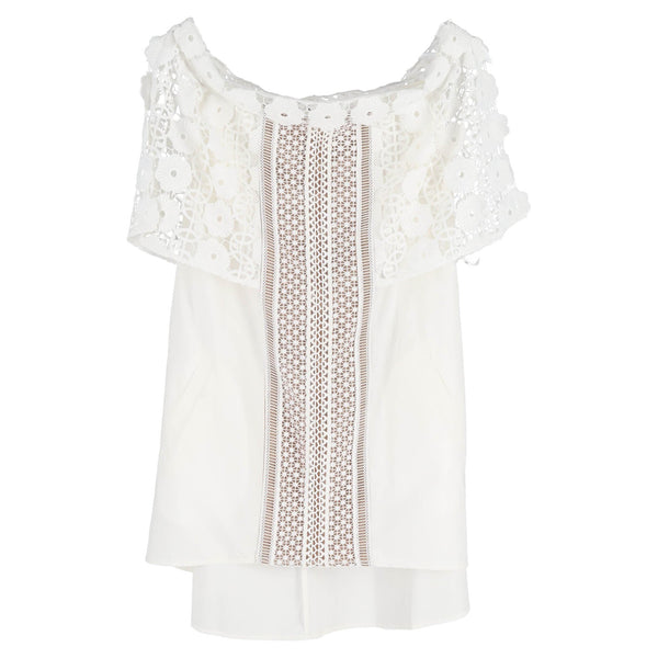 Women's Self-Portrait Floral-Lace Detailed Off-Shoulder Mini Dress in White Cotton