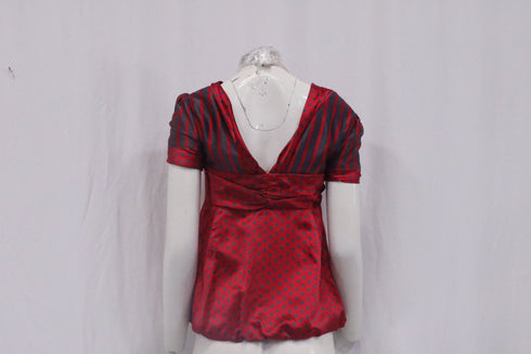 Women's Marc Jacobs Polka Dot and Striped V-Neck Blouse in Burgundy Silk