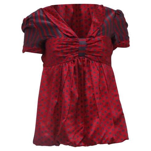 Women's Marc Jacobs Polka Dot and Striped V-Neck Blouse in Burgundy Silk