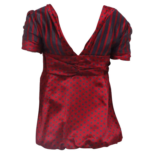 Women's Marc Jacobs Polka Dot and Striped V-Neck Blouse in Burgundy Silk