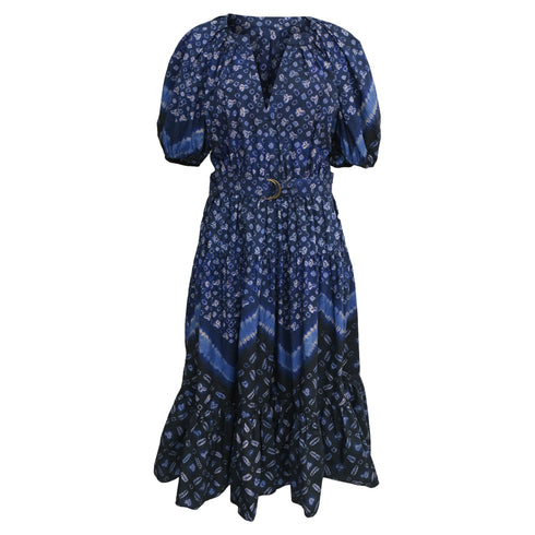 Women's Ulla Johnson Josefina Belted Midi Dress in Navy Blue Cotton