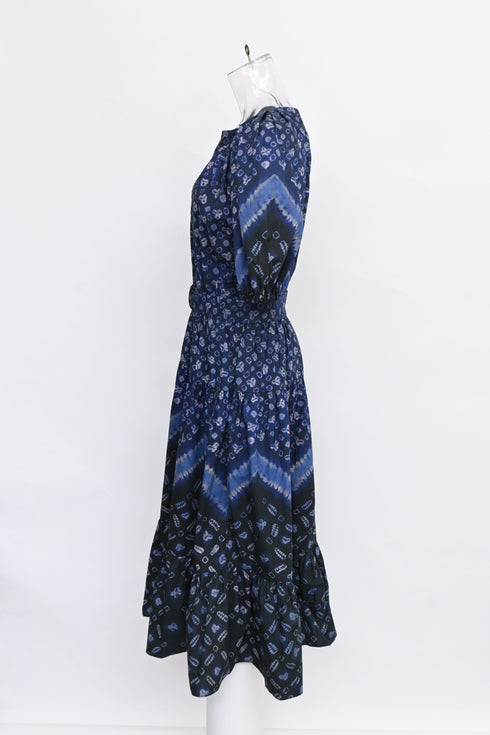 Women's Ulla Johnson Josefina Belted Midi Dress in Navy Blue Cotton